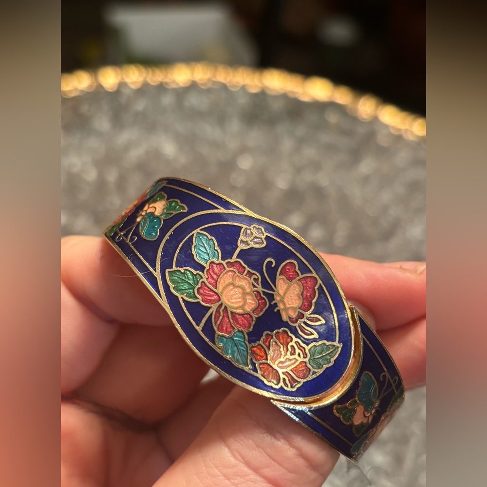 RARE Vintage Cloisonné Enamel Floral & 🦋 Cuff Bracelet • Hand-Inlaid Artistry